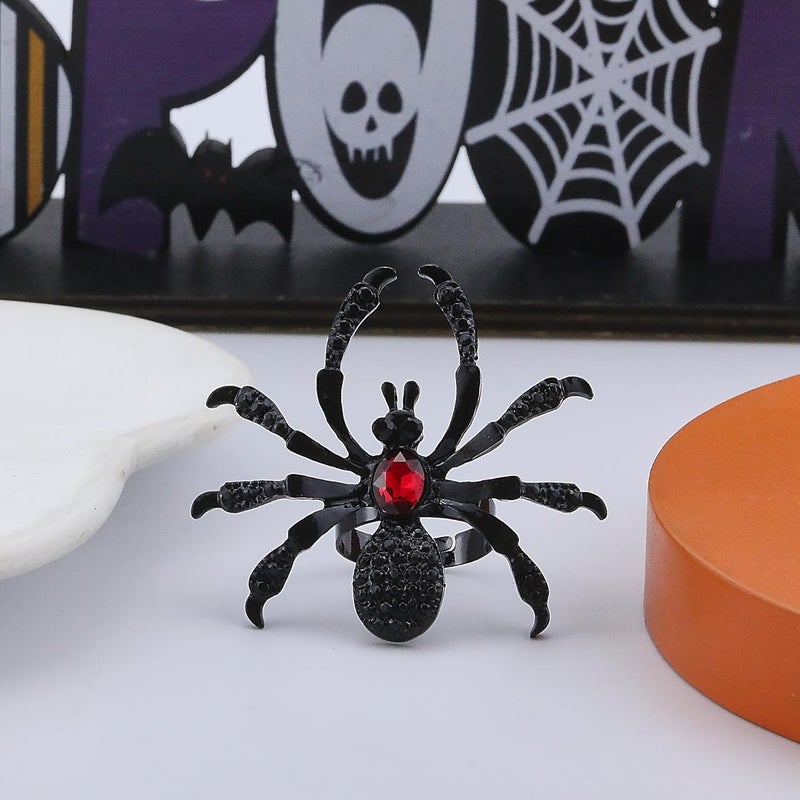 ANGLEQUEEN Punk Halloween Spider Rings for Women Knuckle Black Spider Web Bat Ring Gothic Vintage Dark Crystal Ring Red Rhinestone Statement Rings Halloween Witch Jewelry - Image 5